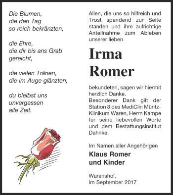 Traueranzeige von Irma Romer von Müritz-Zeitung