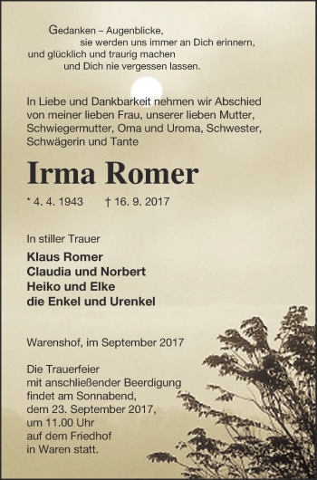 Traueranzeige von Irma Romer von Müritz-Zeitung