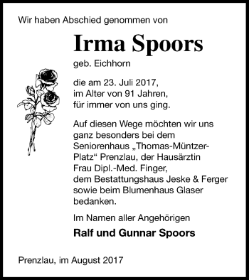Traueranzeige von Irma Spoors von Prenzlauer Zeitung