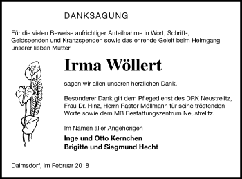 Traueranzeige von Irma Wöllert von Strelitzer Zeitung