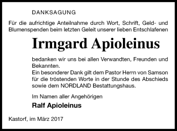 Traueranzeige von Irmgard Apioleinus von Neubrandenburger Zeitung