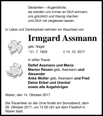 Traueranzeige von Irmgard Assmann von Müritz-Zeitung