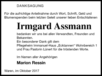 Traueranzeige von Irmgard Assmann von Müritz-Zeitung