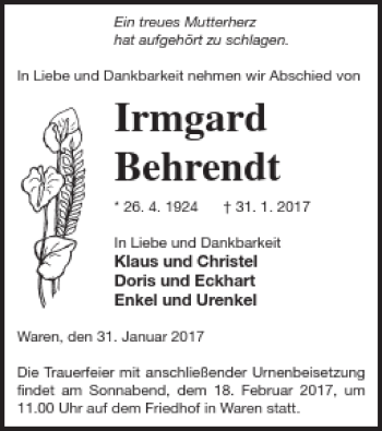 Traueranzeige von Irmgard Behrendt von Müritz-Zeitung