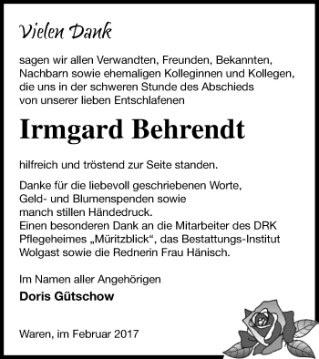 Traueranzeige von Irmgard Behrendt von Müritz-Zeitung