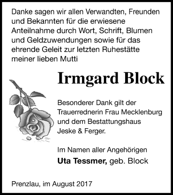 Traueranzeige von Irmgard Block von Prenzlauer Zeitung