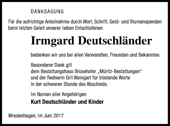 Traueranzeige von Irmgard Deutschländer von Müritz-Zeitung