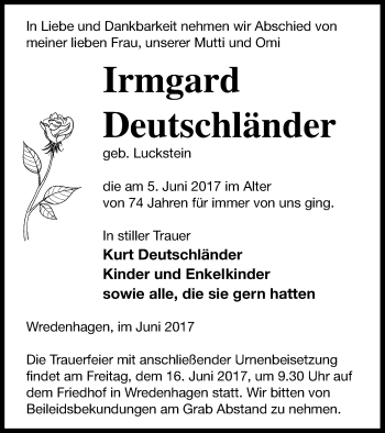 Traueranzeige von Irmgard Deutschländer von Müritz-Zeitung