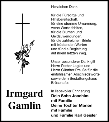 Traueranzeige von Irmgard Gamlin von Müritz-Zeitung