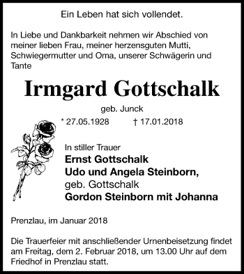Traueranzeige von Irmgard Gottschalk von Prenzlauer Zeitung