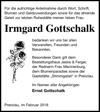 Traueranzeige von Irmgard Gottschalk von Prenzlauer Zeitung