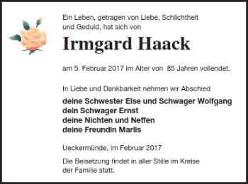 Traueranzeige von Irmgard Haack von Haff-Zeitung