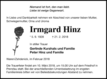 Traueranzeige von Irmgard Hinz von Prenzlauer Zeitung