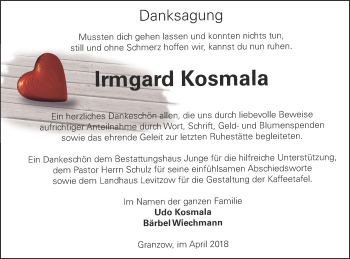 Traueranzeige von Irmgard Kosmala von Mecklenburger Schweiz