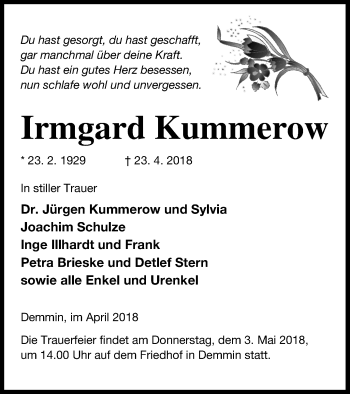 Traueranzeige von Irmgard Kummerow von Demminer Zeitung