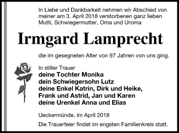 Traueranzeige von Irmgard Lamprecht von Haff-Zeitung