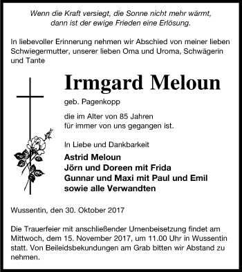 Traueranzeige von Irmgard Meloun von Vorpommern Kurier