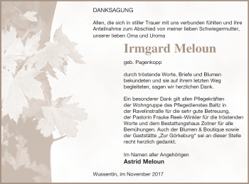 Traueranzeige von Irmgard Meloun von Vorpommern Kurier