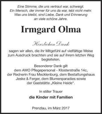 Traueranzeige von Irmgard Olma von Prenzlauer Zeitung