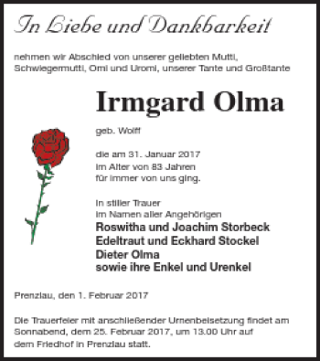 Traueranzeige von Irmgard Olma von Prenzlauer Zeitung