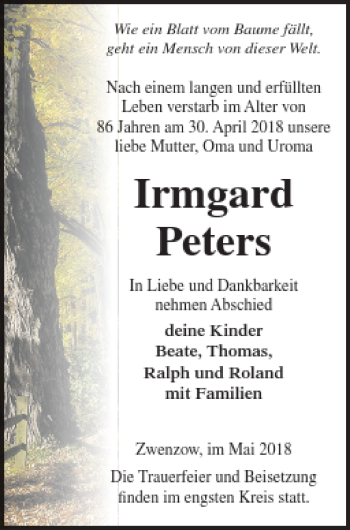 Traueranzeige von Irmgard Peters von Strelitzer Zeitung