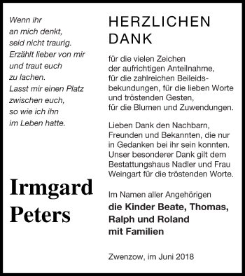 Traueranzeige von Irmgard Peters von Strelitzer Zeitung