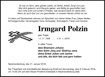 Traueranzeige von Irmgard Polzin von Neubrandenburger Zeitung