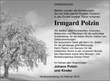 Traueranzeige von Irmgard Polzin von Neubrandenburger Zeitung