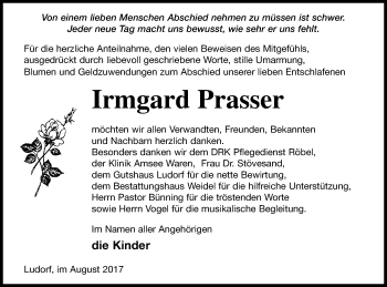 Traueranzeige von Irmgard Prasser von Müritz-Zeitung