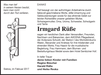 Traueranzeige von Irmgard Rüße von Müritz-Zeitung