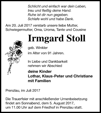 Traueranzeige von Irmgard Stoll von Prenzlauer Zeitung