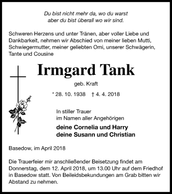 Traueranzeige von Irmgard Tank von Prenzlauer Zeitung