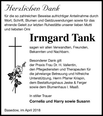 Traueranzeige von Irmgard Tank von Prenzlauer Zeitung