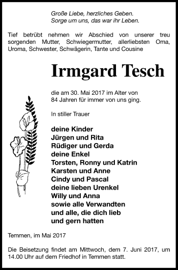 Traueranzeige von Irmgard Tesch von Templiner Zeitung