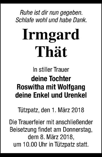 Traueranzeige von Irmgard Thät von Neubrandenburger Zeitung