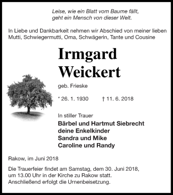 Traueranzeige von Irmgard Weickert von Vorpommern Kurier