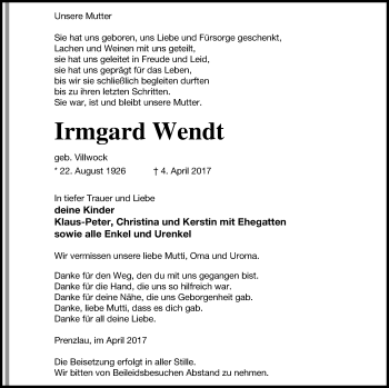 Traueranzeige von Irmgard Wendt von Prenzlauer Zeitung