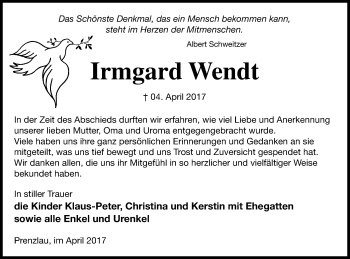 Traueranzeige von Irmgard Wendt von Prenzlauer Zeitung