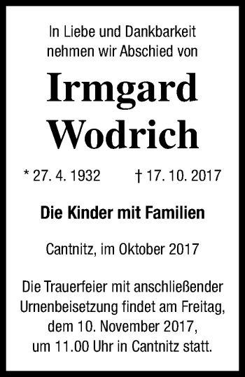 Traueranzeige von Irmgard Wodrich von Strelitzer Zeitung