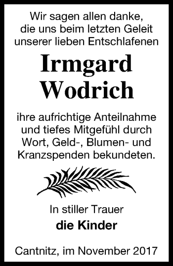 Traueranzeige von Irmgard Wodrich von Strelitzer Zeitung