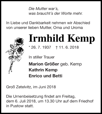 Traueranzeige von Irmhild Kemp von Vorpommern Kurier