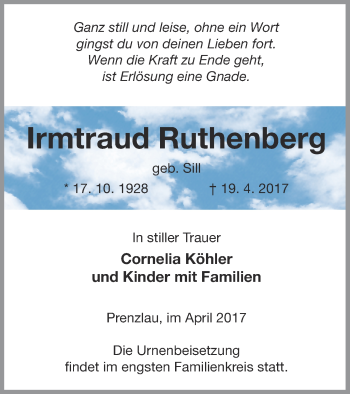 Traueranzeige von Irmtraud Ruthenberg von Prenzlauer Zeitung