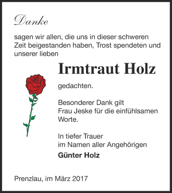 Traueranzeige von Irmtraut Holz von Prenzlauer Zeitung