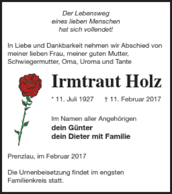 Traueranzeige von Irmtraut Holz von Prenzlauer Zeitung
