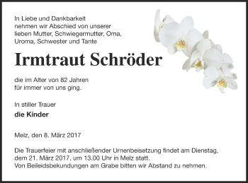 Traueranzeige von Irmtraut Schröder von Müritz-Zeitung