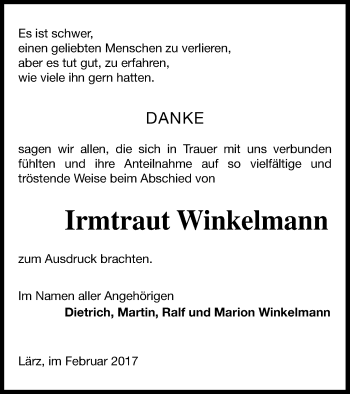 Traueranzeige von Irmtraut Winkelmann von Müritz-Zeitung