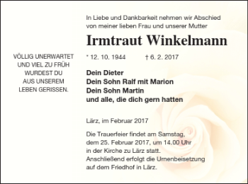 Traueranzeige von Irmtraut Winkelmann von Müritz-Zeitung