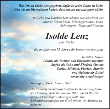 Traueranzeige von Isolde Lenz von Pasewalker Zeitung