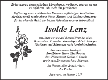 Traueranzeige von Isolde Lenz von Pasewalker Zeitung