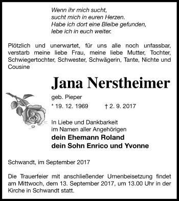 Traueranzeige von Jana Nerstheimer von Neubrandenburger Zeitung